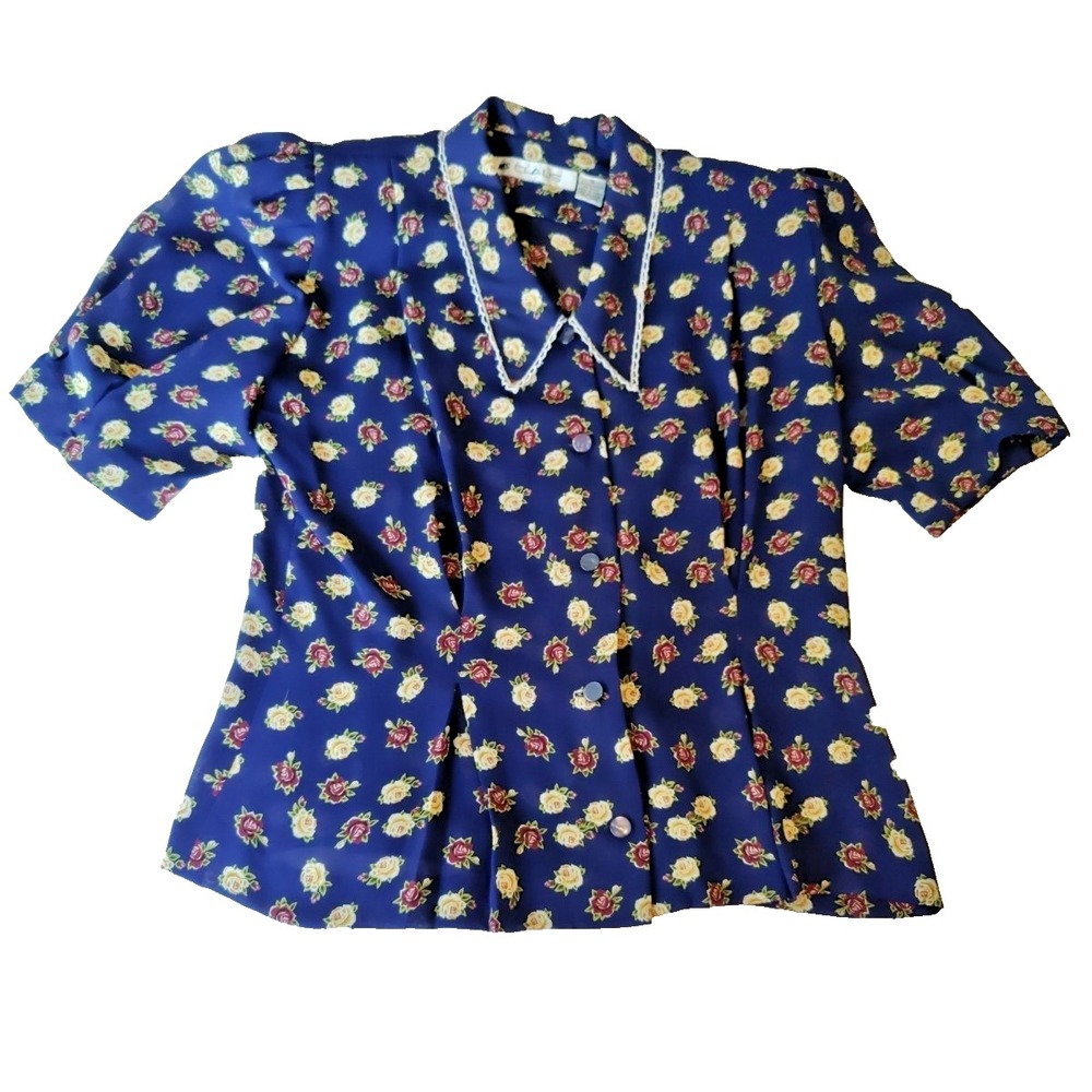Vtg Ms Chaus Blouse Lace Collar Blue Floral Pleated Button Cottagecore Womens 16